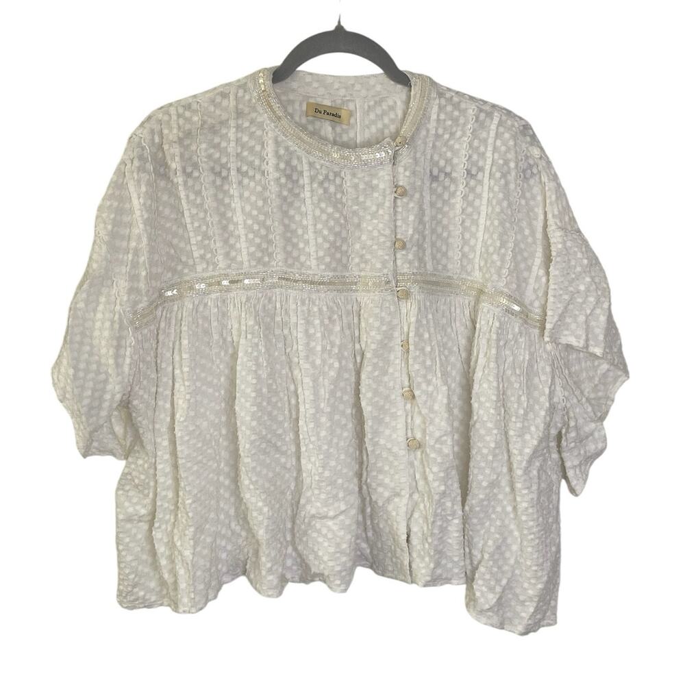 Du Paradis Boxy Blouse Button Beaded Sequin Boxy Cottage Top Party Boho Casual M